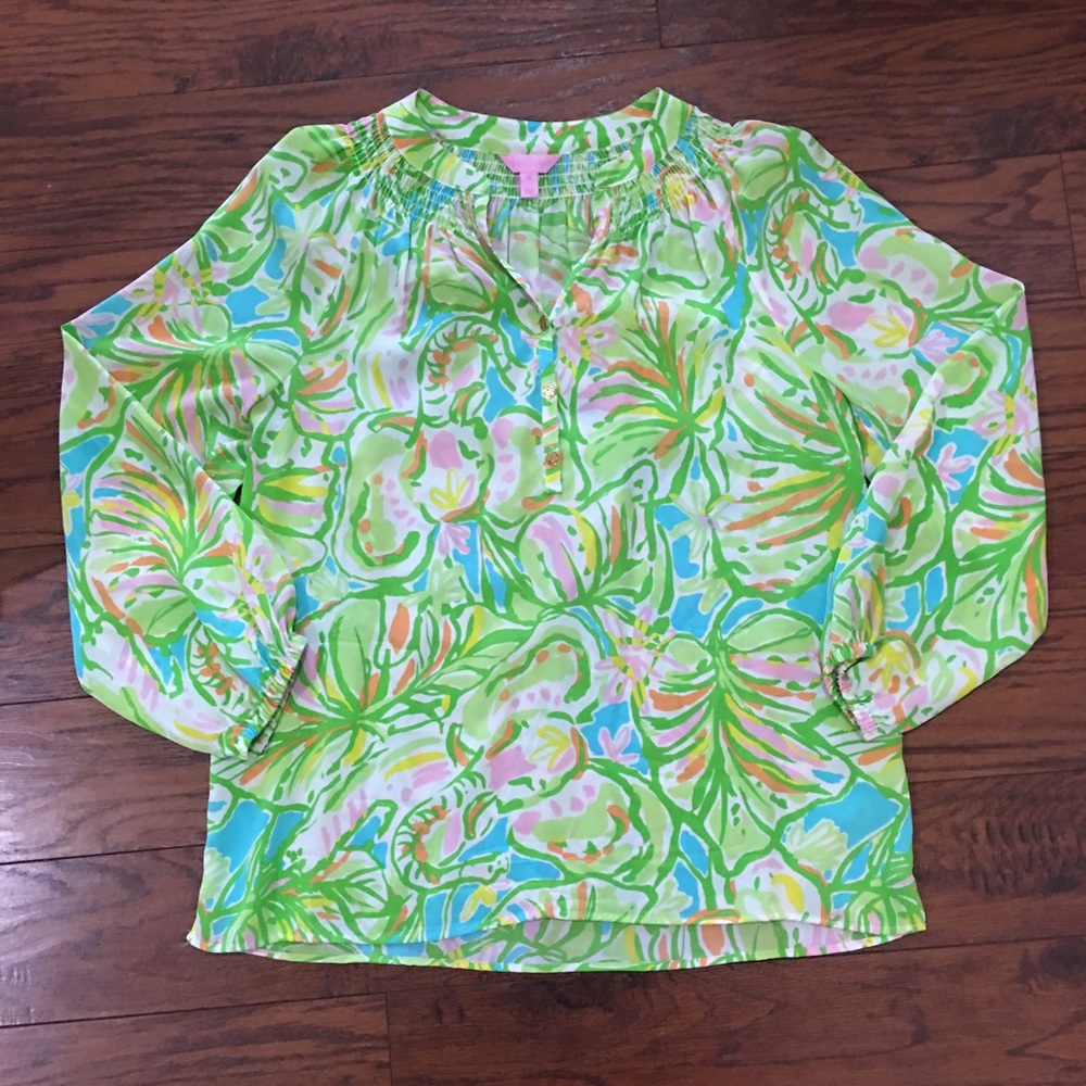 Lilly Pulitzer Women’s Elephant Ears Elsa Top Silk Blouse Medium Preppy Bright